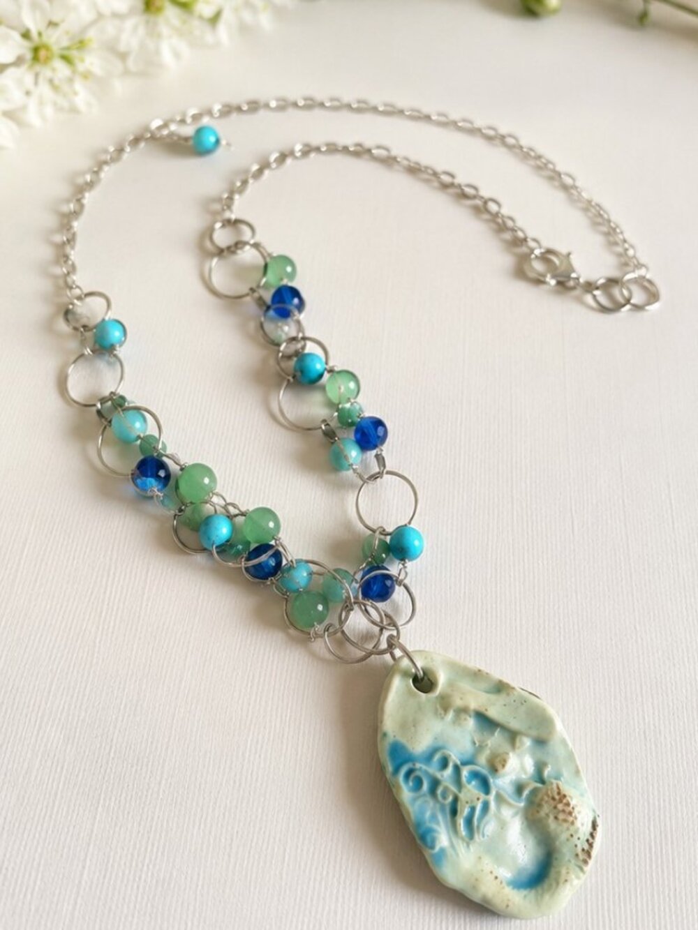 Handcrafted, One-of-a-kind, Clay Mermaid Pendant Necklace with ocean color beads